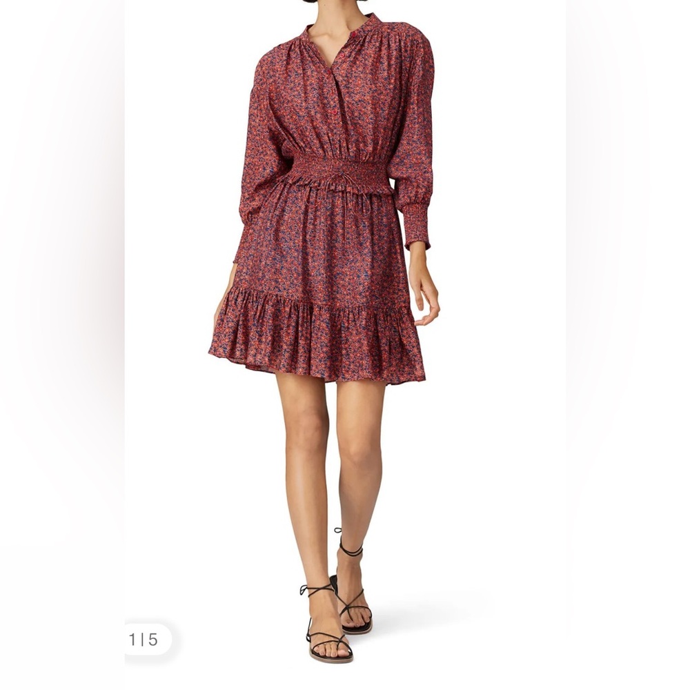 REBECCA MINKOFF Printed Chloe Dress Floral‎ Ruffles Blouson Sz Med Blue Red